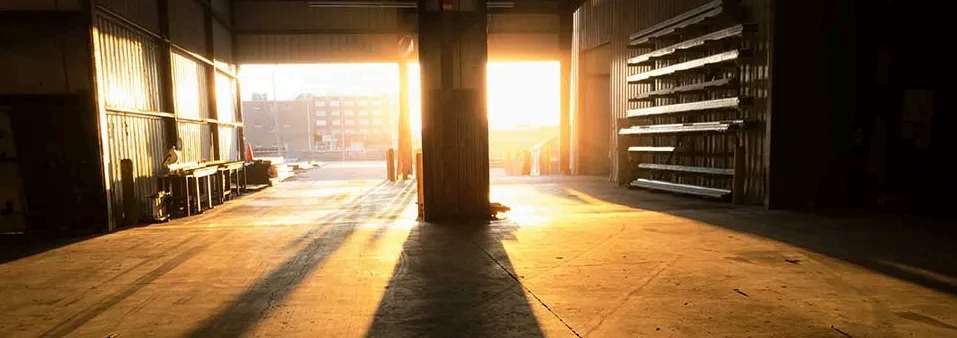 Warehouse interior at sunset